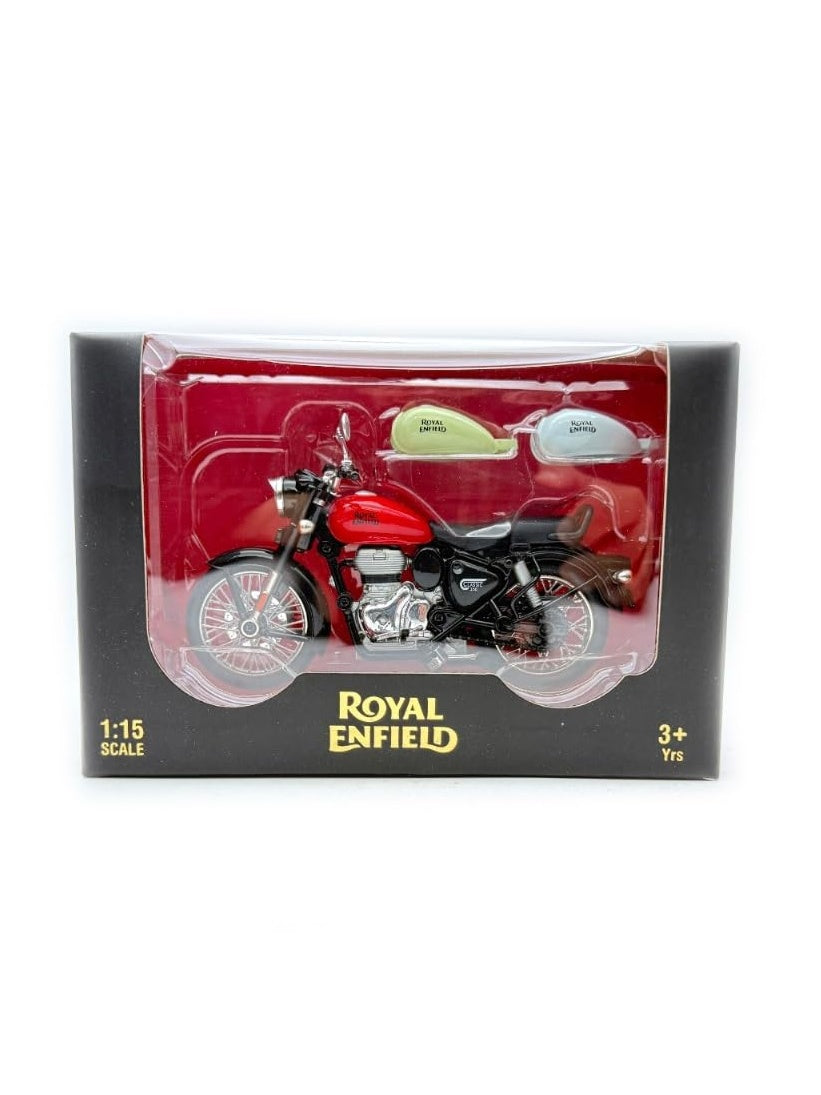 Royal Enfield 1:15 Scale Diecast Motorcycle Model Toy, Pull Back Action, Bullet Bike Detacheble Parts with 3 Colored Fuel Tank, Miniature Replica for Collectors & Kids Age 3+ Years