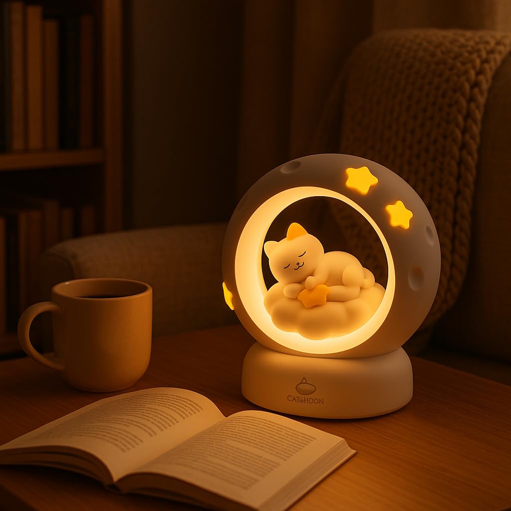 Cat Moon Light For Bedroom Dim Light| 3 Gear Brightness Night Lamp for Kids| Home Decor Gift for Women Girls & Boys| Couple Gift| Love Gift for Her| Decoration Silicone Night Lamp| Cute LED Moon