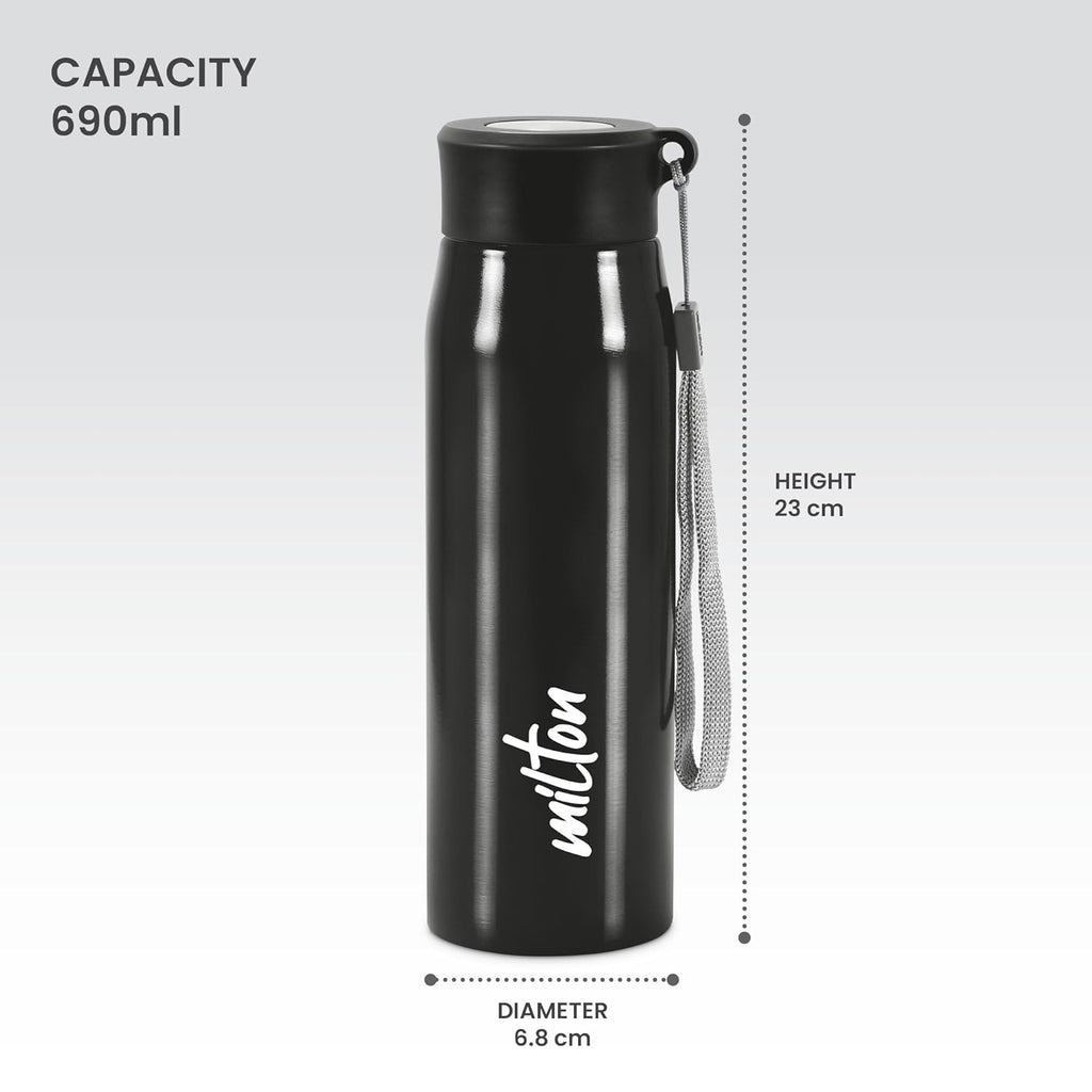 MILTON Handy 650 Stainless Steel Sipper Water Bottle 690 ml, Single Walled, I Leak Proof Lid, Rust Proof I For School, Office, Gym I Black