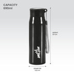 MILTON Handy 650 Stainless Steel Sipper Water Bottle 690 ml, Single Walled, I Leak Proof Lid, Rust Proof I For School, Office, Gym I Black