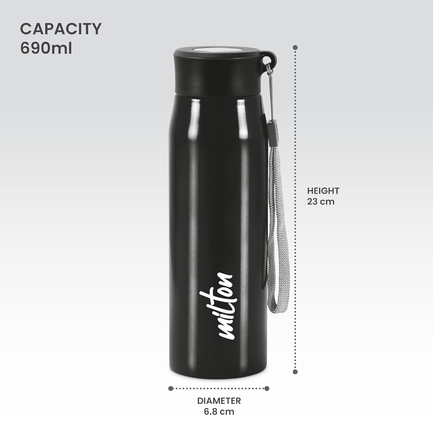 MILTON Handy 650 Stainless Steel Sipper Water Bottle 690 ml, Single Walled, I Leak Proof Lid, Rust Proof I For School, Office, Gym I Black