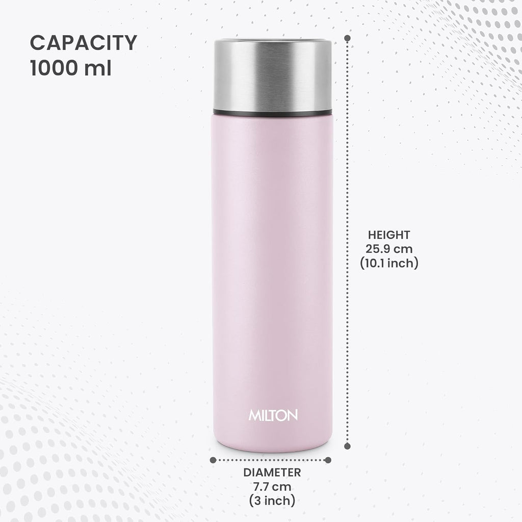 MILTON Glide 1000 Stainless Steel Water Bottle 1 LTR, Single Walled, ISI Certified I Leak Proof Lid, Rust Proof I for School, Office, Gym I Light Pink