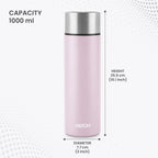 MILTON Glide 1000 Stainless Steel Water Bottle 1 LTR, Single Walled, ISI Certified I Leak Proof Lid, Rust Proof I for School, Office, Gym I Light Pink