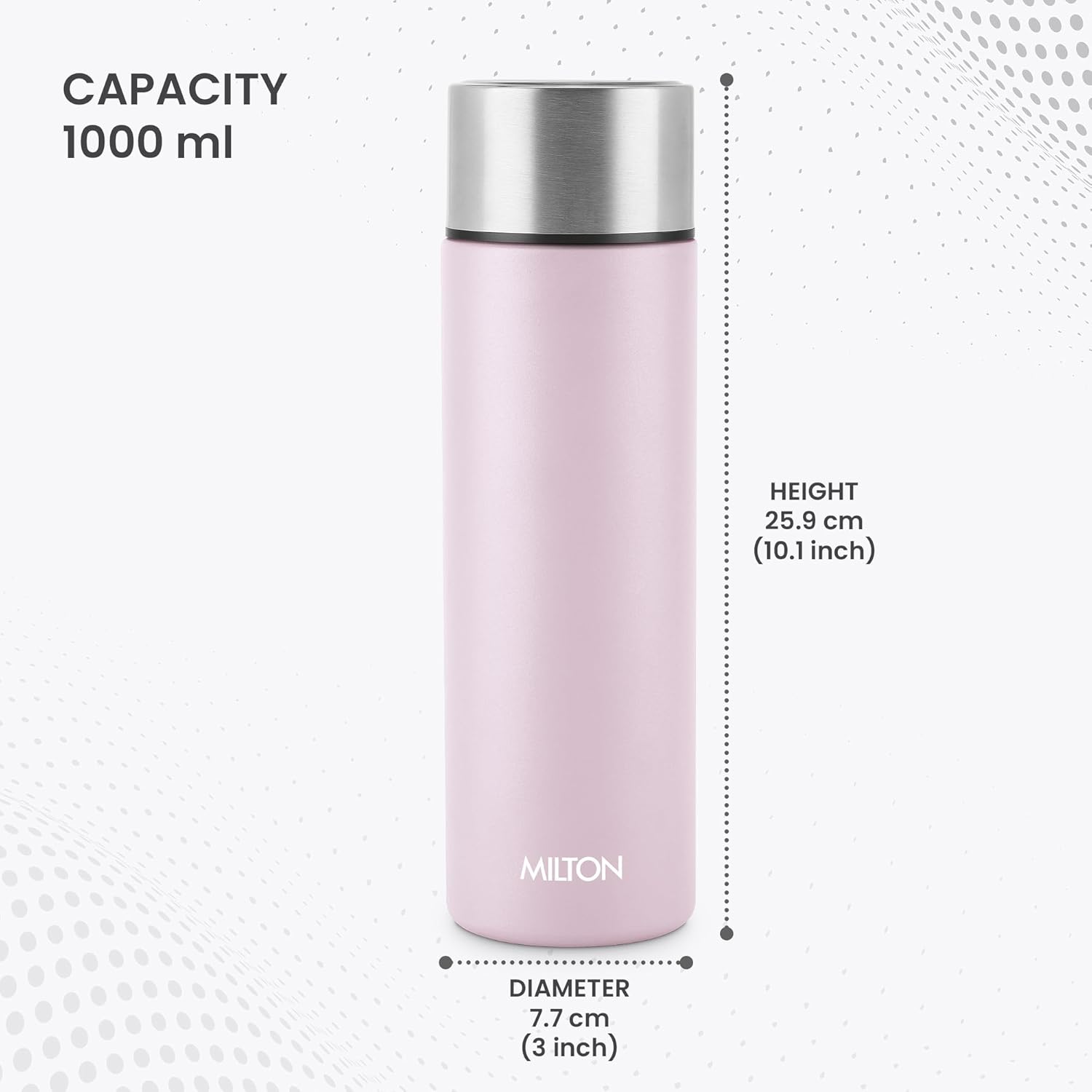 MILTON Glide 1000 Stainless Steel Water Bottle 1 LTR, Single Walled, ISI Certified I Leak Proof Lid, Rust Proof I for School, Office, Gym I Light Pink