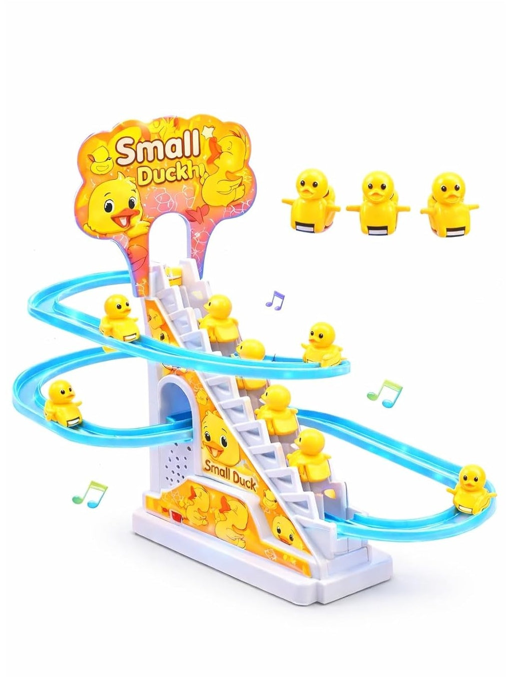 Slide Toy Race Duck Track Set, Funny Automatic Stair-Climbing Ducklings Cartoon Roller Coaster Escalator Toy with Flashing Lights & Music