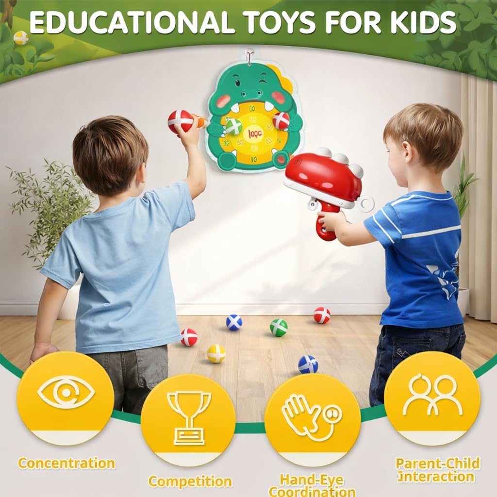 Dinosaur Ball Shooting Toy for Kids, Sticky Target Dart Board Game with Soft Balls, Indoor Outdoor Shooting Game Set for Boys & Girls