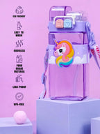 Unicorn Water Bottle with Carry Strap to Hang ,Water Bottle for School Kids 520ML (Purple)