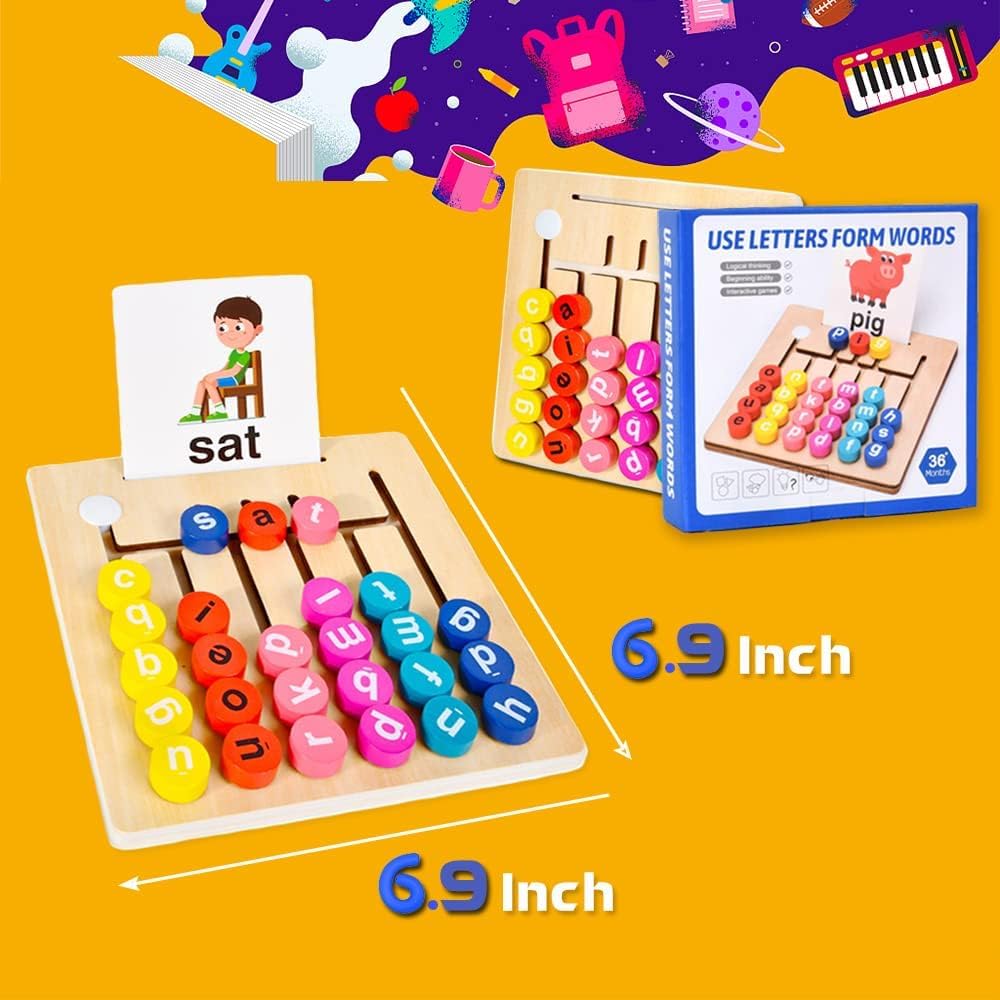 Wooden Vowel Letters Spelling Game | Montessori Alphabet Learning Toy with Flash Cards | Educational Sight Word Puzzle for Kids | Fine Motor Skill & Reading Development Toy