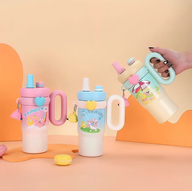Fancy Kitchen Cartoon Kids Tumbler – 850ml Stainless Steel  Travel Mug – Perfect for School . (Rainbow Pink)