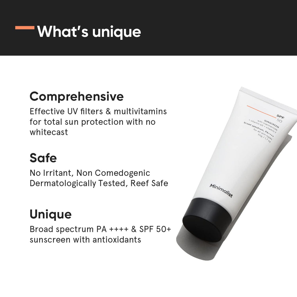 Minimalist Cream Sunscreen SPF 50 Lightweight With Multi-Vitamins, No White Cast, Broad Spectrum PA ++++ Acne Safe For Unisex, 50g