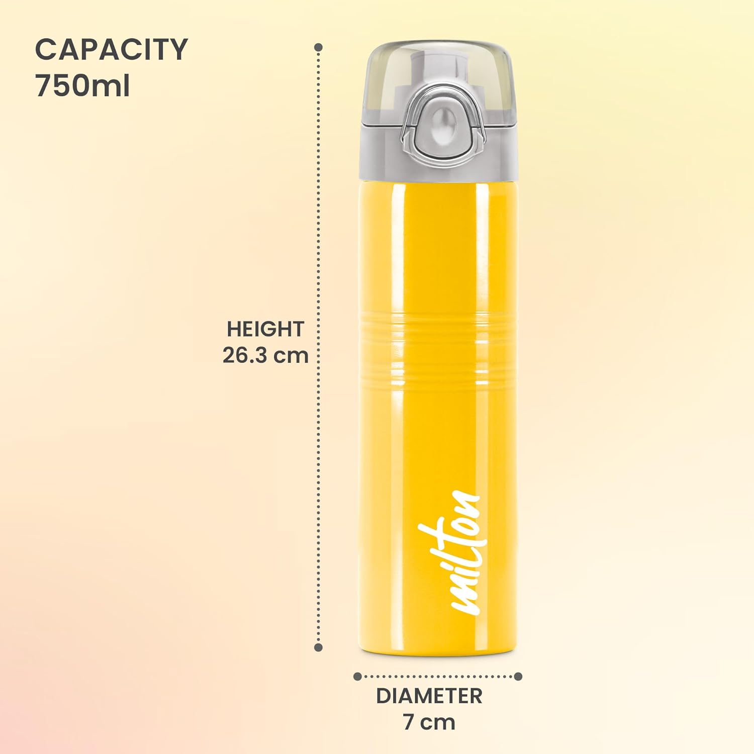 Milton Vogue 750 Stainless Steel Water Bottle with One Touch Safety Lock, 750 ml Water Bottles, Single Walled, Leak-Proof, Travel Bottle, Yellow