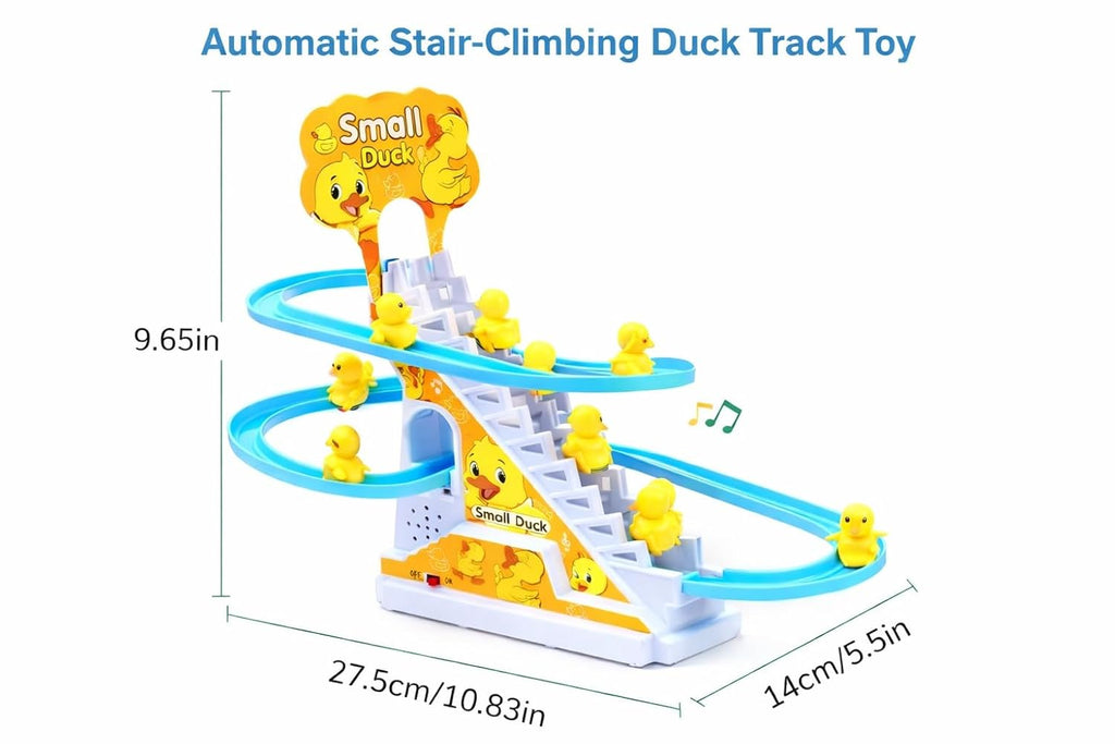 Slide Toy Race Duck Track Set, Funny Automatic Stair-Climbing Ducklings Cartoon Roller Coaster Escalator Toy with Flashing Lights & Music