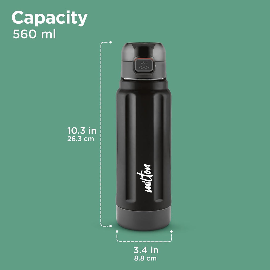 Milton Taurus 600 Steel Thermoware, Inner Stainless Steel, PU Insulated, Leak Proof Water Bottle for School Kids, Office, Gym, Easy to Carry Handle, 560 ml, Black