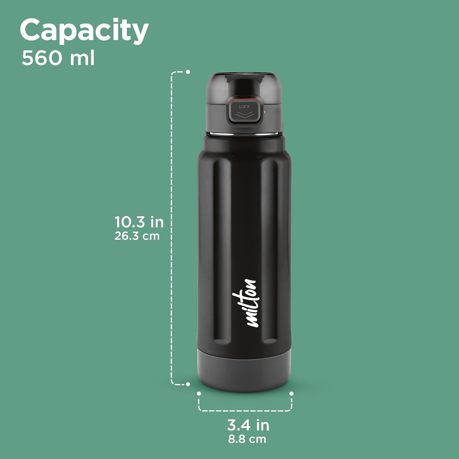 Milton Taurus 600 Steel Thermoware, Inner Stainless Steel, PU Insulated, Leak Proof Water Bottle for School Kids, Office, Gym, Easy to Carry Handle, 560 ml, Black