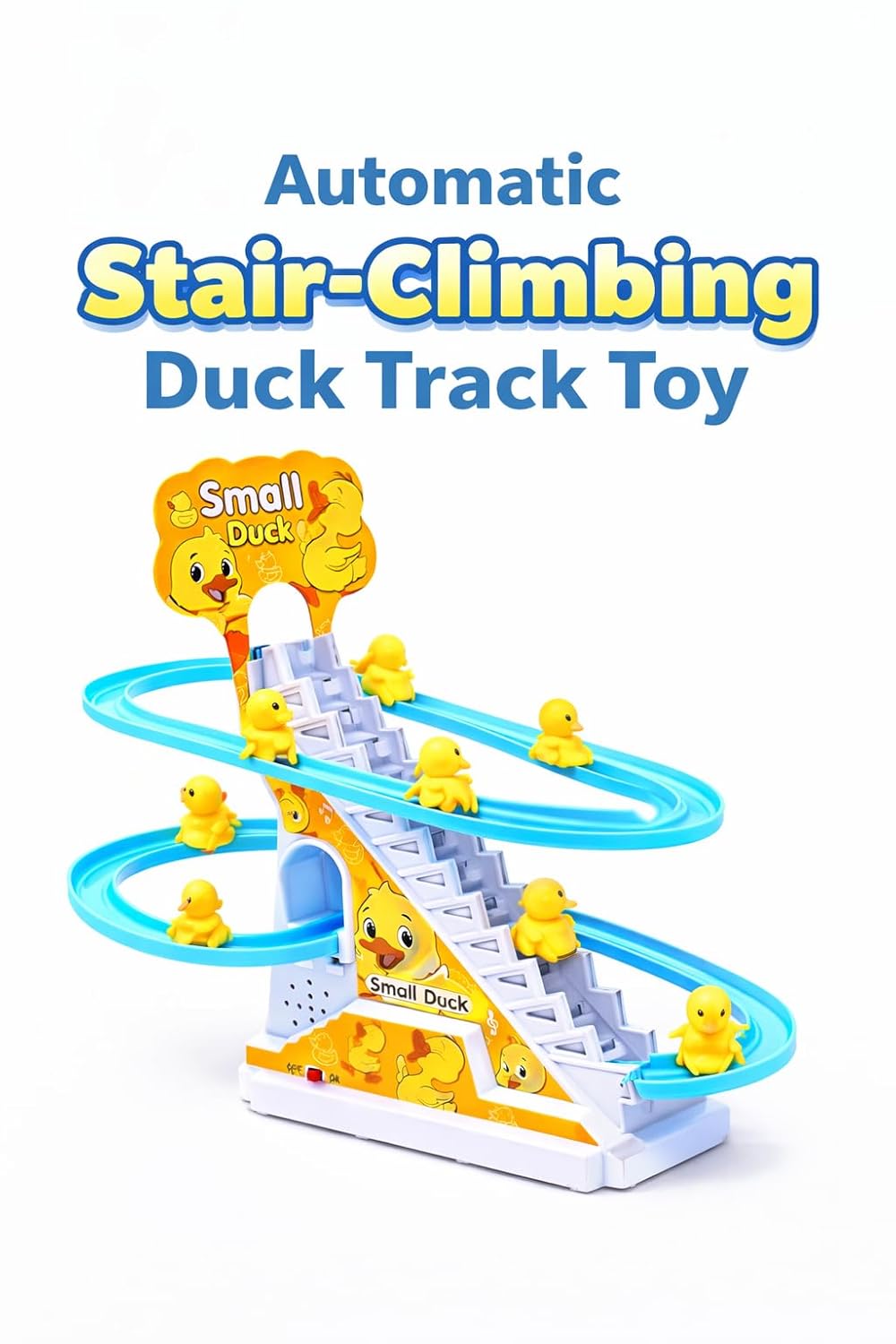 Slide Toy Race Duck Track Set, Funny Automatic Stair-Climbing Ducklings Cartoon Roller Coaster Escalator Toy with Flashing Lights & Music