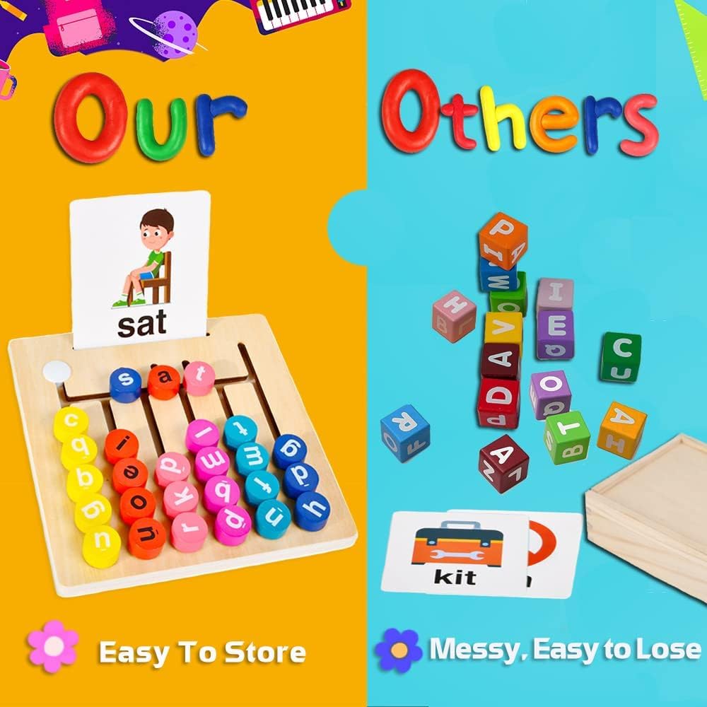 Wooden Vowel Letters Spelling Game | Montessori Alphabet Learning Toy with Flash Cards | Educational Sight Word Puzzle for Kids | Fine Motor Skill & Reading Development Toy