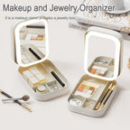 LED Lighted Makeup Mirror Jewelry Box – Portable 2-in-1 Travel Organizer with Adjustable Lighting, Cosmetic Storage & Rechargeable Battery – Compact Vanity Mirror for Women (White)