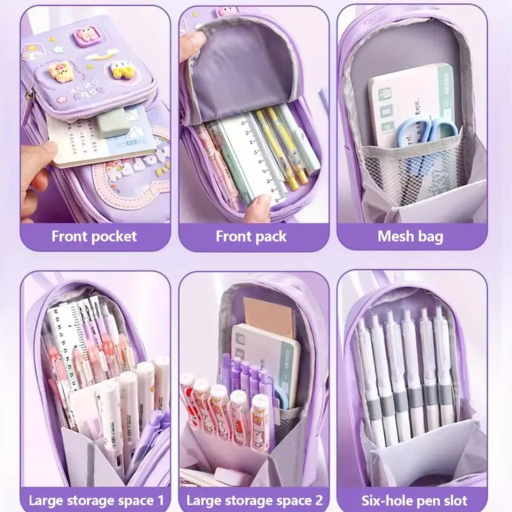 Premium Pencil Case, 6 Layer, 3 Compartments , Cute Aesthetic Design For Girls, Purple