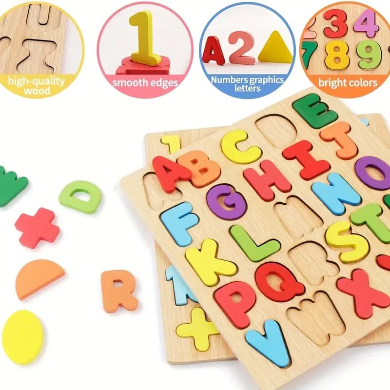 Wooden 3D Capital Alphabets, Numbers, and Shapes Board Puzzle, Educational Puzzles for Early Learning, Colorful Toy, Montessori Toy for Pre-Schooler Kids, Multicolor (Pack of 3)