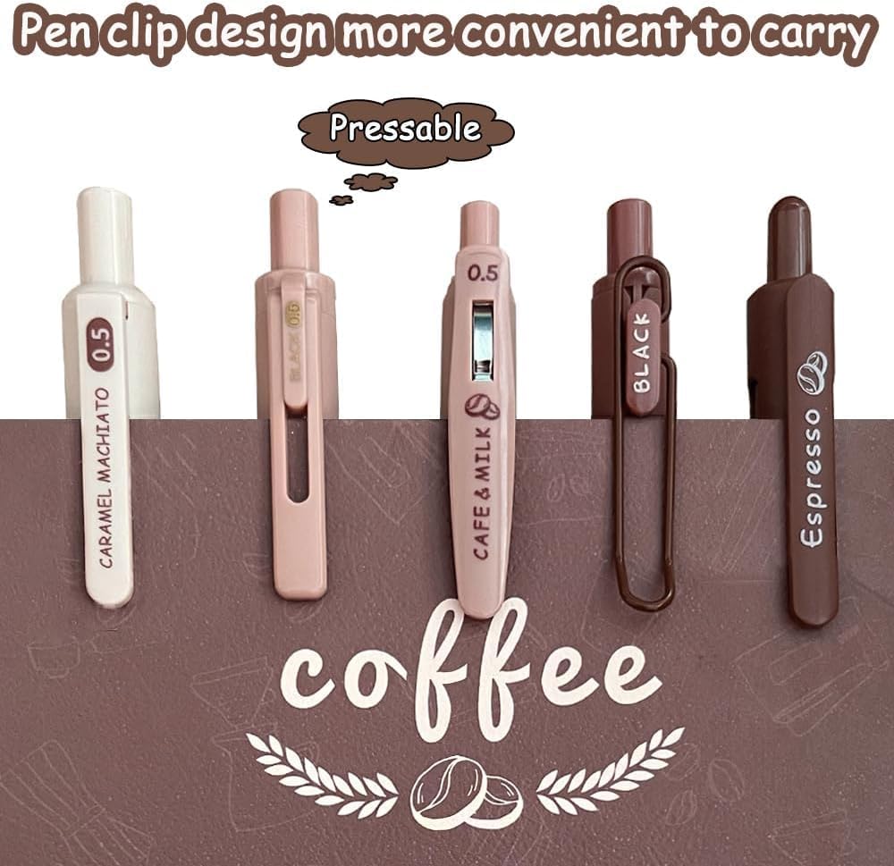 Set of 5 Coffee Theme Gel Pens for Writing, 0.5mm Black Ink Aesthetic Pen with Soft Grip, Cute Kawaii Stationery for Girls & Boys, School Office Use, Return Gift for Kids