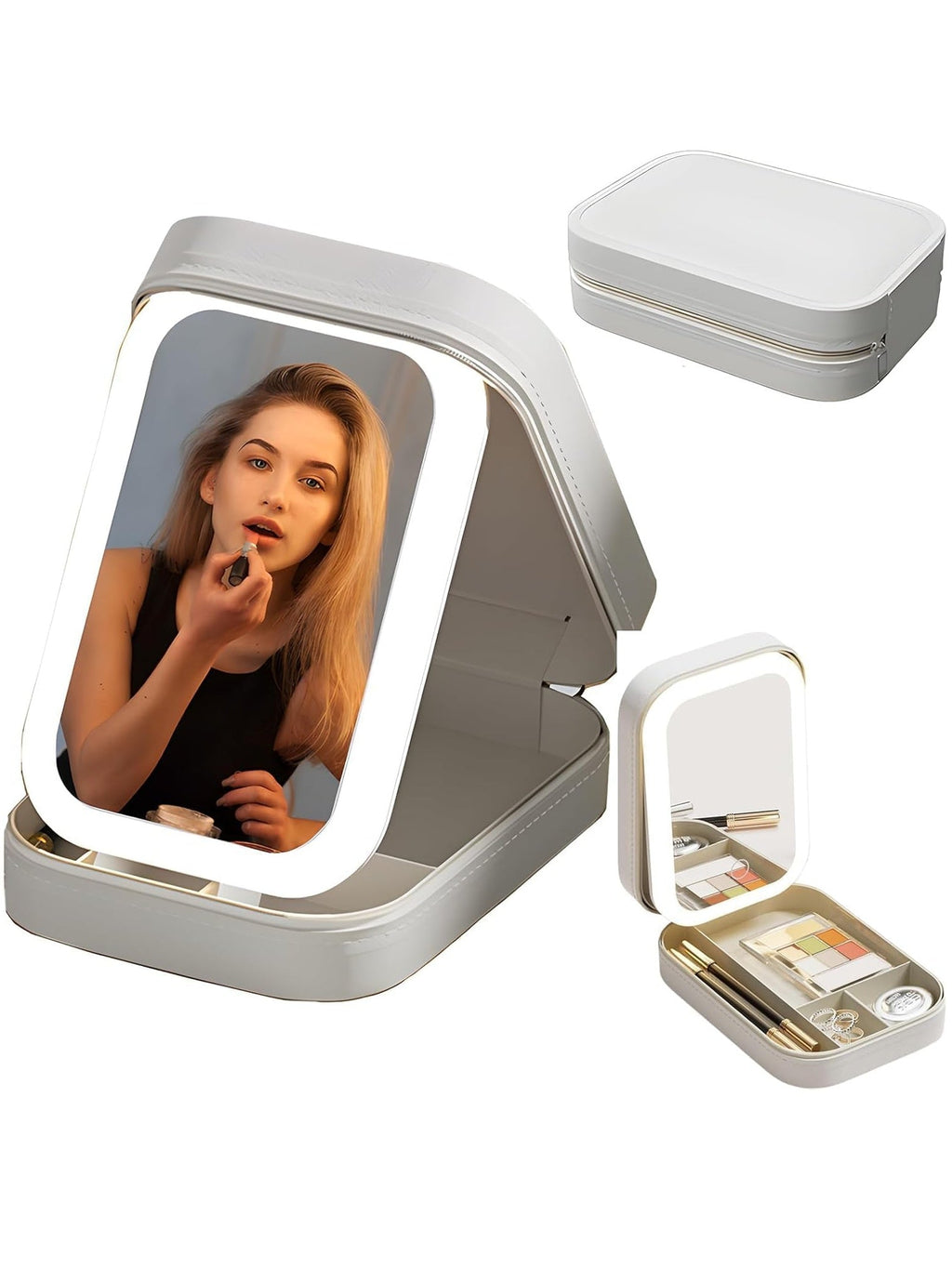 LED Lighted Makeup Mirror Jewelry Box – Portable 2-in-1 Travel Organizer with Adjustable Lighting, Cosmetic Storage & Rechargeable Battery – Compact Vanity Mirror for Women (White)