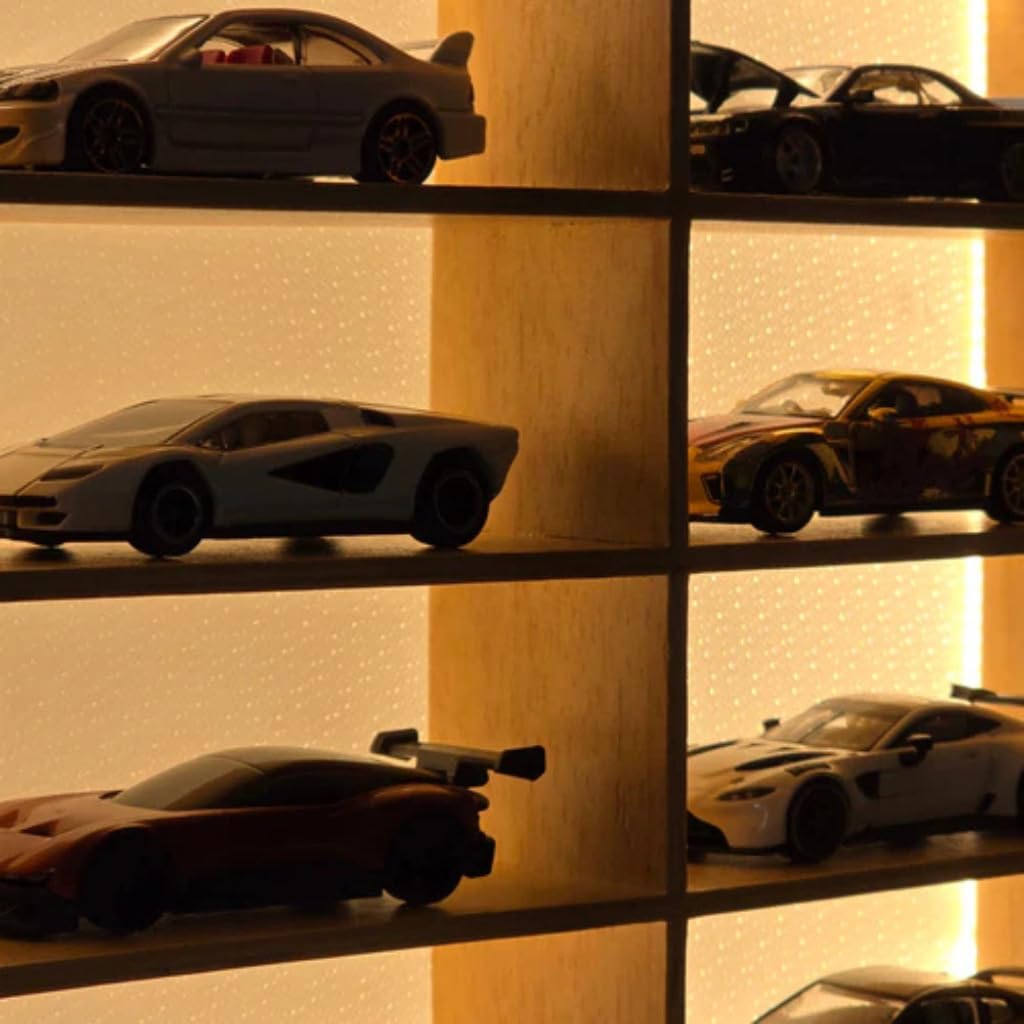 Wooden LED Hot Wheels Organizer Diecast Toy Car Stand, Lighting Display Rack, Living Room, Balcony, Office Decor.