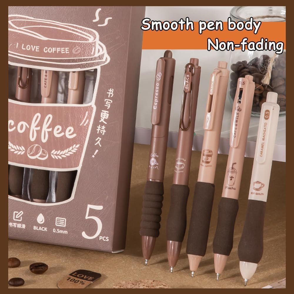 Set of 5 Coffee Theme Gel Pens for Writing, 0.5mm Black Ink Aesthetic Pen with Soft Grip, Cute Kawaii Stationery for Girls & Boys, School Office Use, Return Gift for Kids