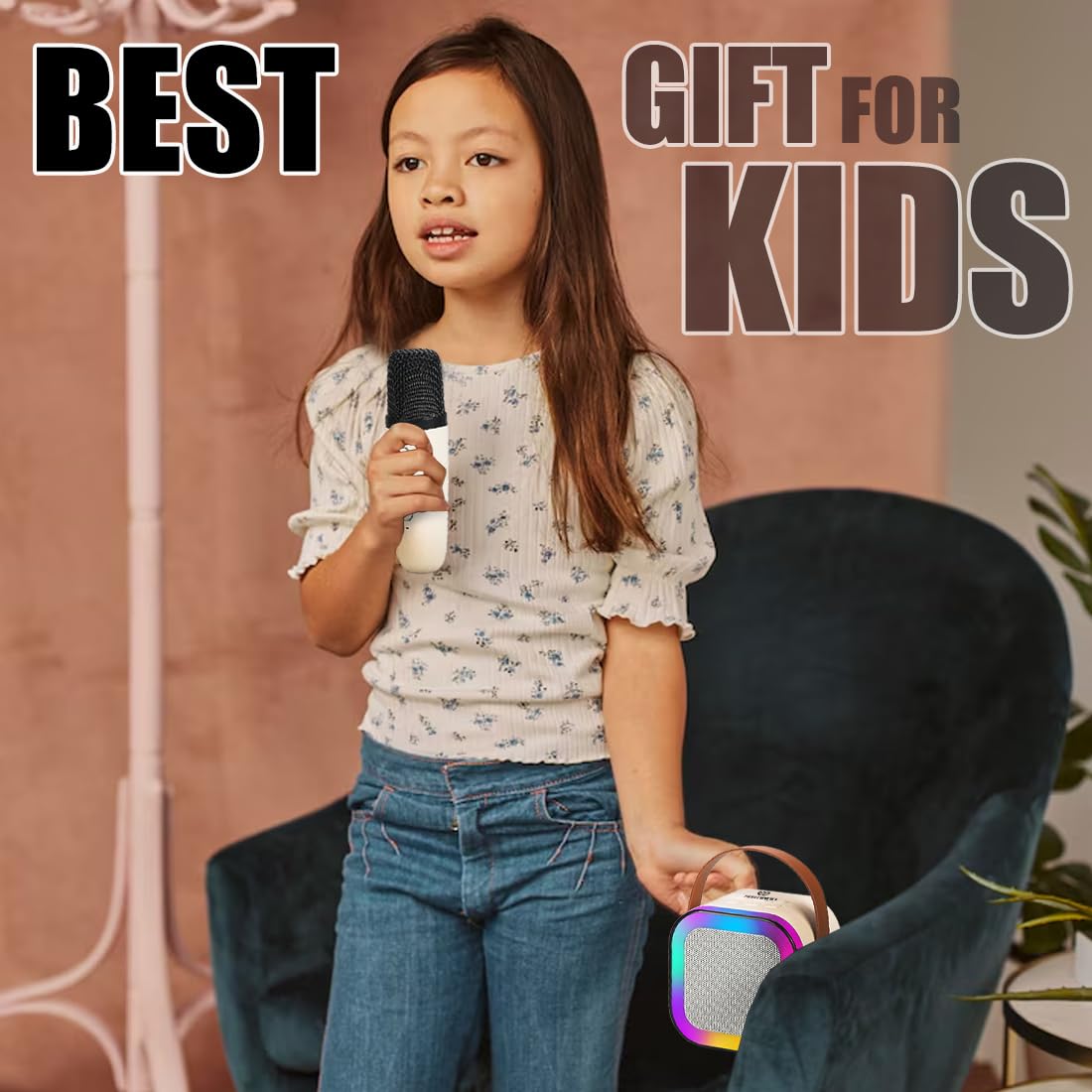 Rechargeable Karaoke Mic with Speaker for Singing | Wireless Mini Portable Bluetooth Speaker with Microphone & LED Lights | Cute Birthday Gift  Musical Toys for Kids and Adults