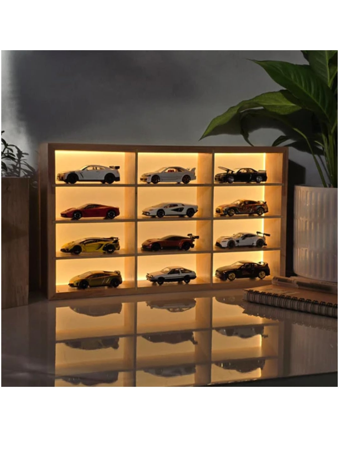 Wooden LED Hot Wheels Organizer Diecast Toy Car Stand, Lighting Display Rack, Living Room, Balcony, Office Decor.