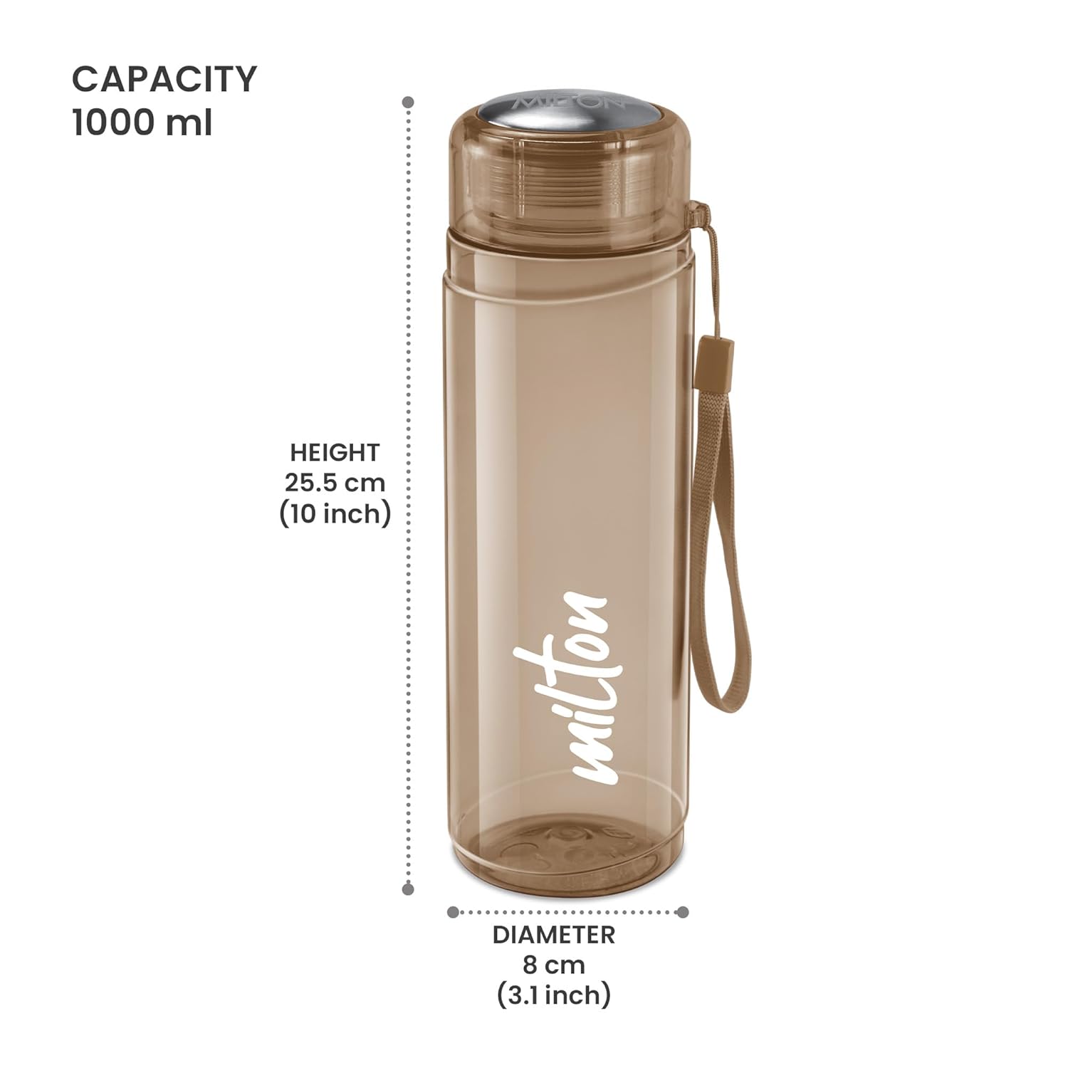 MILTON Hector 1000 Water Bottle, 1 Litre, Reusable Plastic Fridge Bottle, BPA Free and Leak Proof Bottles for Travel, Work, Pack of 1, Brown