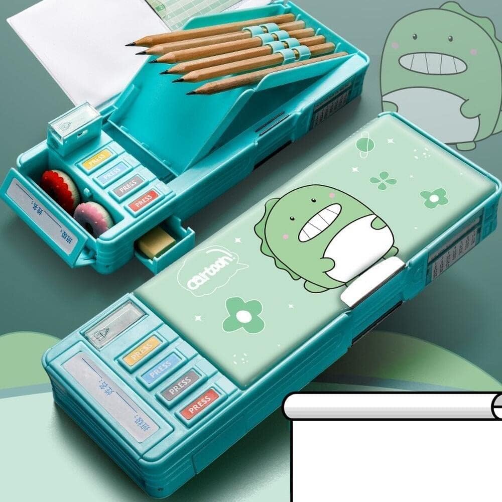 Multifunctional Cute School Pencil Box for Girls, Dinosaur Compass Box for Boys, Aesthetic Stationary Items for Kids, Magnetic Pencil Box