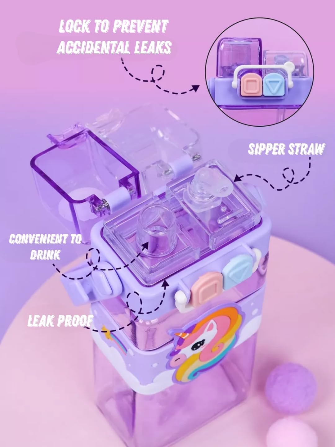 Unicorn Water Bottle with Carry Strap to Hang ,Water Bottle for School Kids 520ML (Purple)