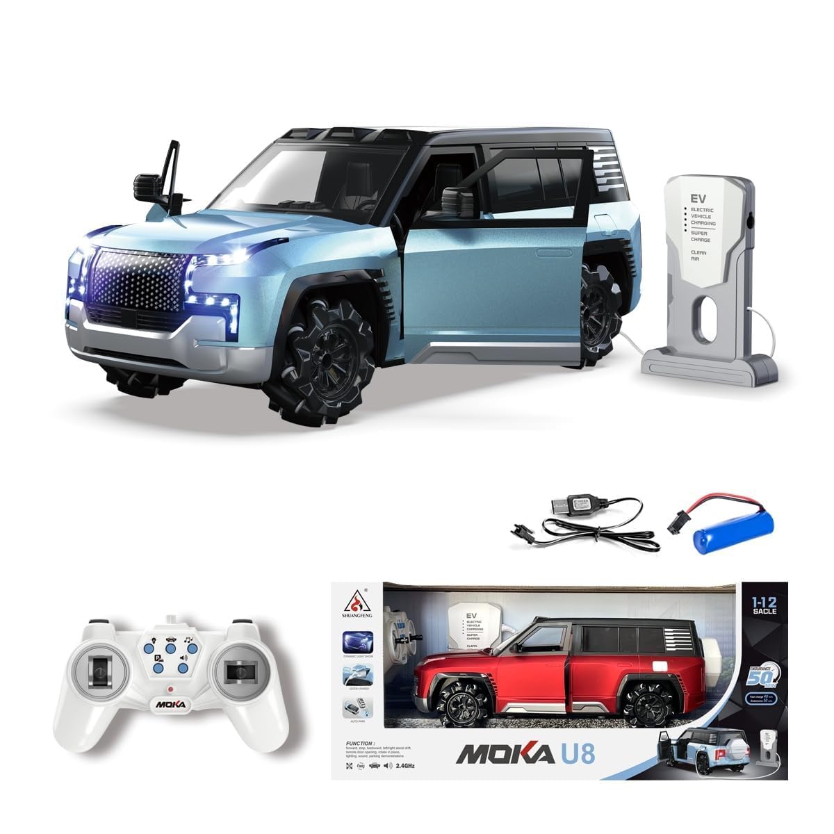 MOKA 1:12 Scale Rechargeable  U8 Remote Control Drift Car with EV Power Charge Station | Auto Park, Light & Music for Kids/Children Ages 3+, Multicolor