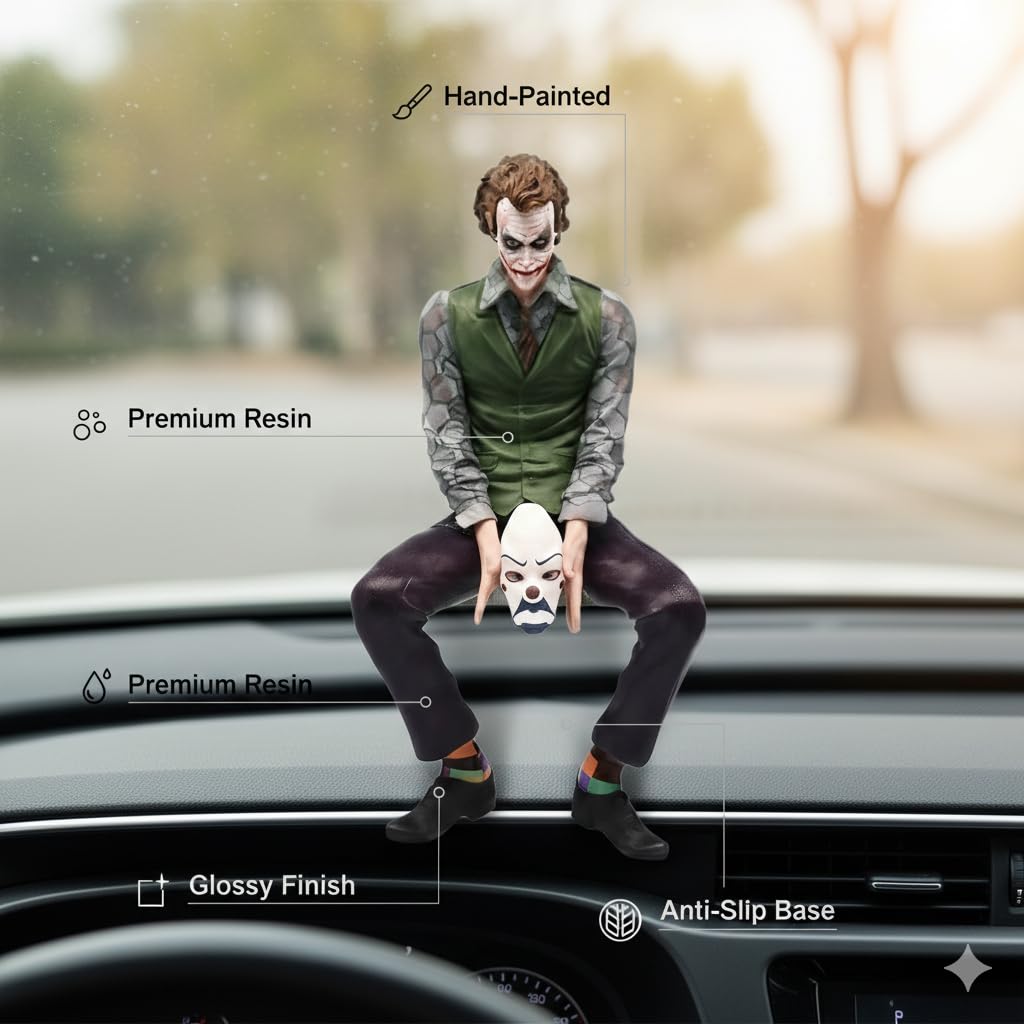 Joker Dashboard Figurine for Car & Home | 15 cm Premium Collectible with Mask | Cool Car Interior Decoration | Anti-Slip Base | Ideal Gift for  Superhero Fans