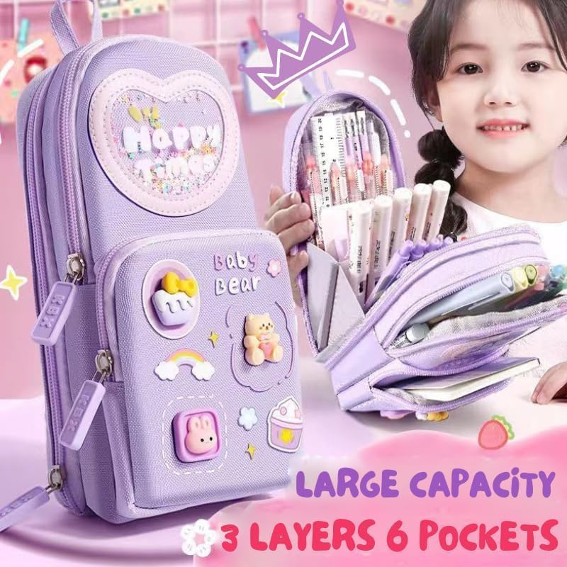Premium Pencil Case, 6 Layer, 3 Compartments , Cute Aesthetic Design For Girls, Purple