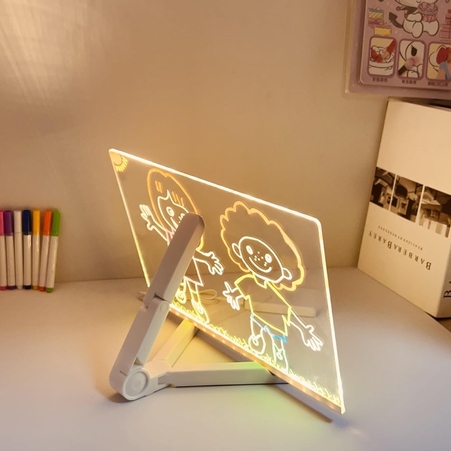 LED Acrylic Writing Board with 7 Pen & Light – 20x 20 cm DIY 3D Rewritable Message Pad, Personalized Night Lamp & LED Display for Home, Office Desk Decor & Gift