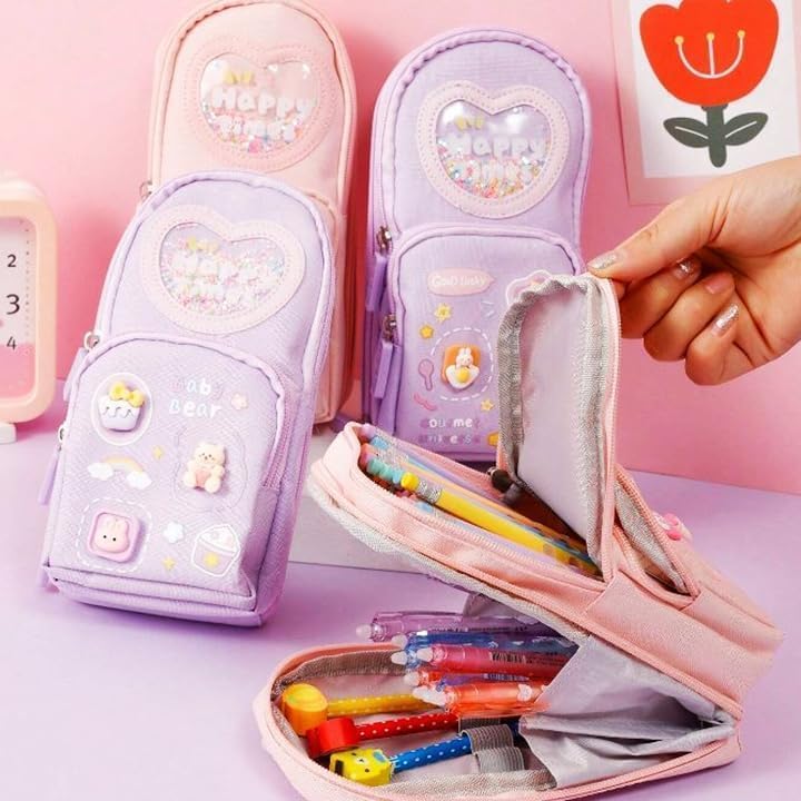 Premium Pencil Case, 6 Layer, 3 Compartments , Cute Aesthetic Design For Girls, Purple