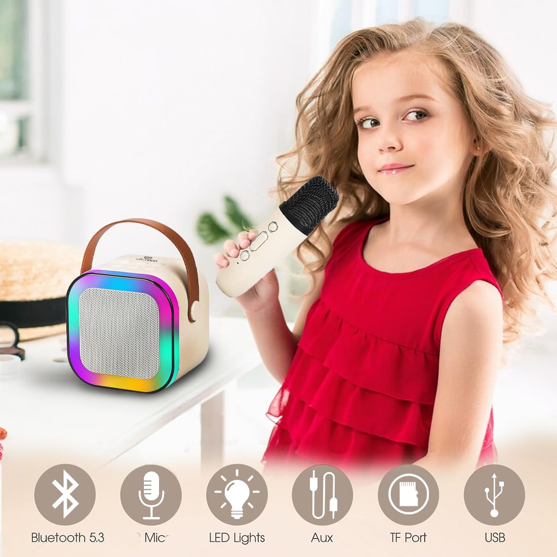 Rechargeable Karaoke Mic with Speaker for Singing | Wireless Mini Portable Bluetooth Speaker with Microphone & LED Lights | Cute Birthday Gift  Musical Toys for Kids and Adults