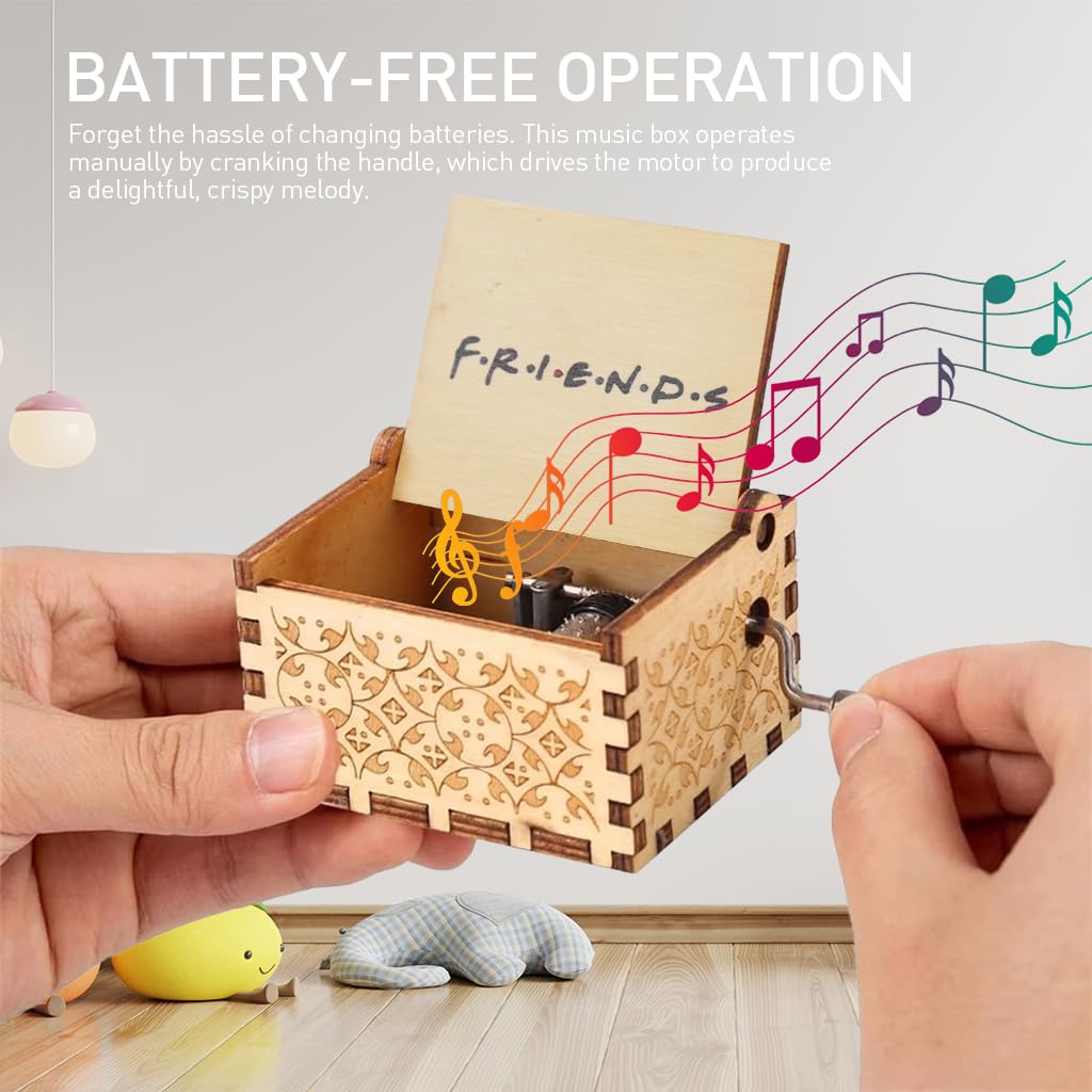 Wooden Vintage Hand Crank Music Box, 'Friends' Music Box Wooden Music Box Gift, Retro Engraved Music Box, Birthday Gift Desk Decoration Gift