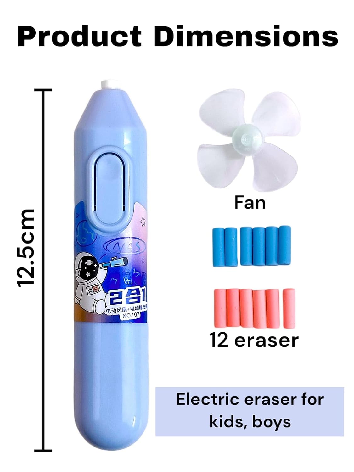 Space Electric Eraser With 12 Refill Electronic Rubber for Kids (1 Pcs) Cordless | Small Kids Eraser | Stationery for Drawing | Arts and Crafts Erasers, Multi-Color