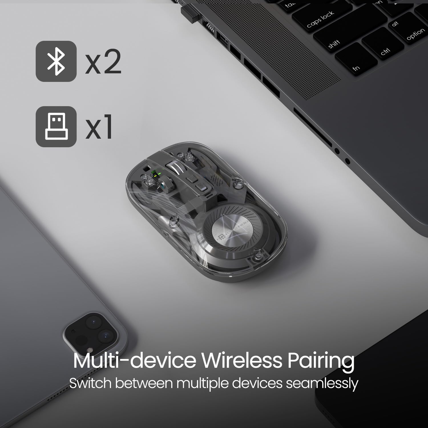 Portronics Toad 8 Transparent Wireless Bluetooth Mouse with Dual Wireless (BT + 2.4 GHz),  Noise-Free Clicking,  Multi-Device Pair
