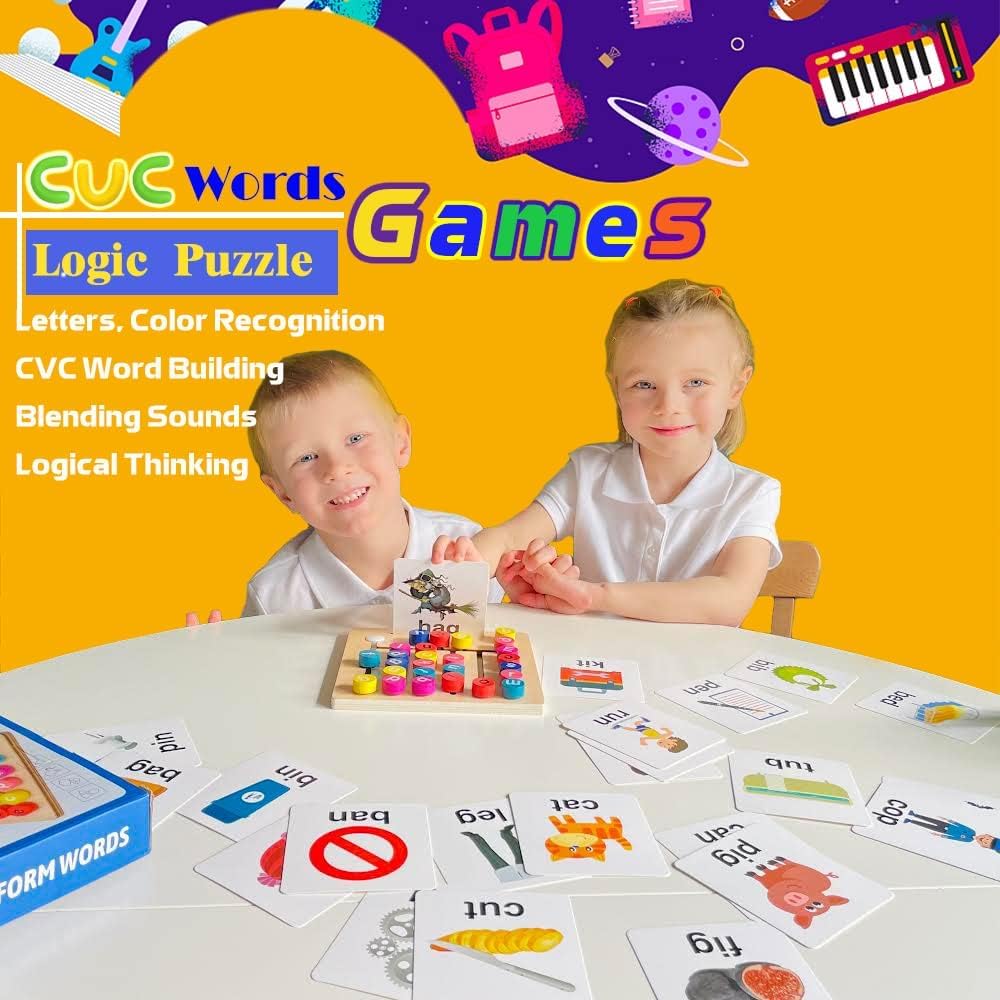 Wooden Vowel Letters Spelling Game | Montessori Alphabet Learning Toy with Flash Cards | Educational Sight Word Puzzle for Kids | Fine Motor Skill & Reading Development Toy