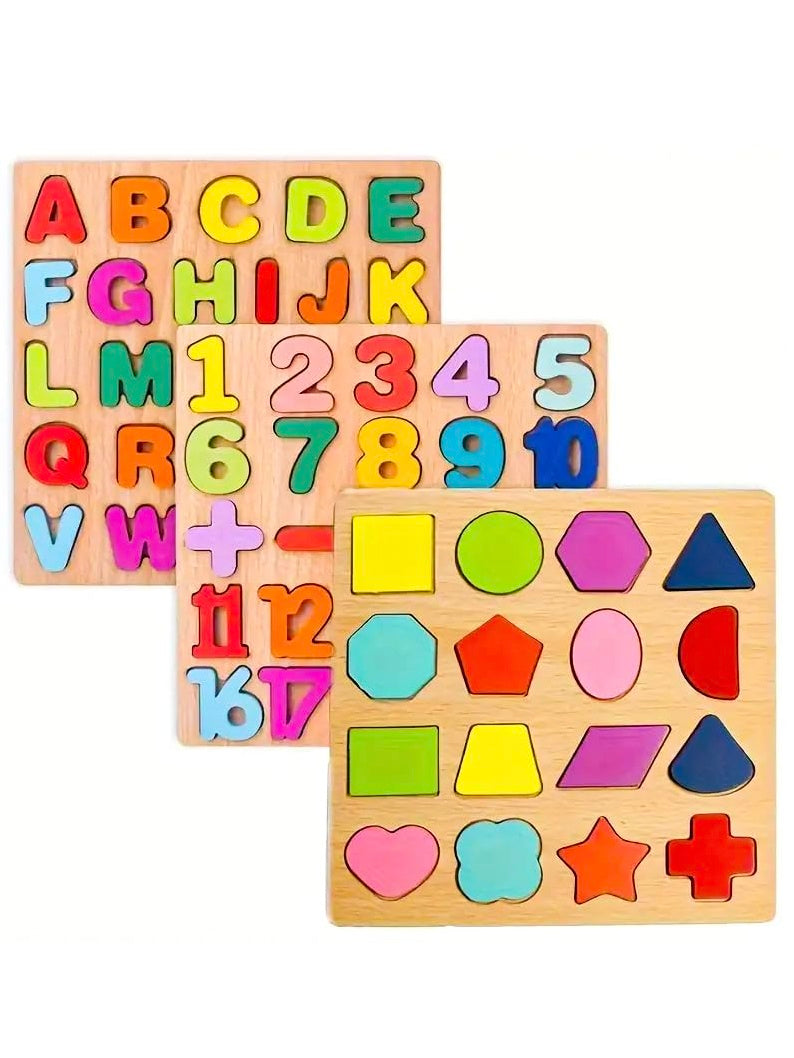 Wooden 3D Capital Alphabets, Numbers, and Shapes Board Puzzle, Educational Puzzles for Early Learning, Colorful Toy, Montessori Toy for Pre-Schooler Kids, Multicolor (Pack of 3)