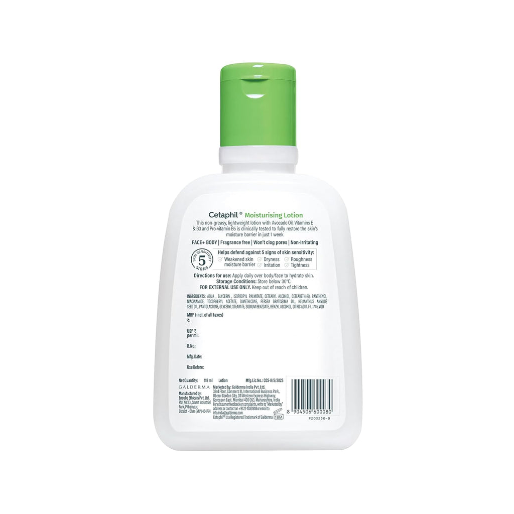 Cetaphil Moisturising Lotion 118 ml for Dry to Normal & Sensitive Skin | 48H Hydration with Niacinamide, Panthenol & Glycerin | Fragrance-Free, Non-Greasy, Dermatologist Recommended