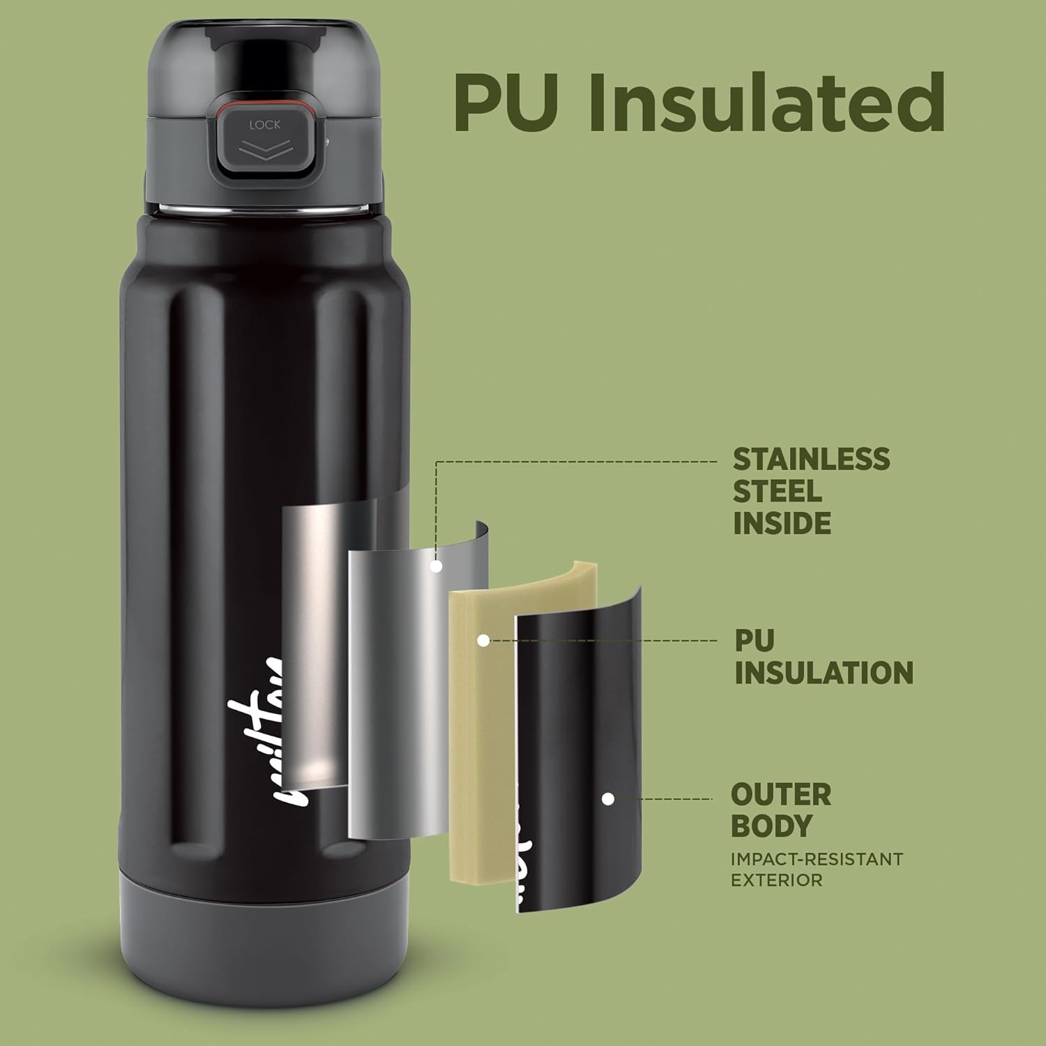 Milton Taurus 600 Steel Thermoware, Inner Stainless Steel, PU Insulated, Leak Proof Water Bottle for School Kids, Office, Gym, Easy to Carry Handle, 560 ml, Black