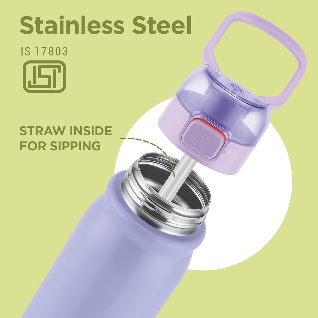 MILTON Reva 750  Stainless Steel Water Bottle with Twin Lid Sip or Gulp, 750ml | Single Wall, BPA-Free, Leakproof | Ideal for Home, Office, Gym & Travel, Purple