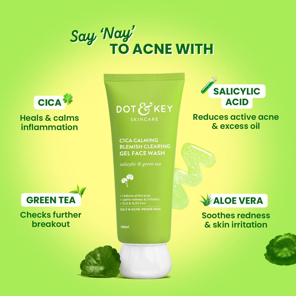 Dot & Key CICA Face Wash for Acne Prone Skin, 2% Salicylic Acid with Green Tea | For Oily & Sensitive Skin | Sulphate Free for Men & Women | Oil Control Face Wash with Zinc | 100ml
