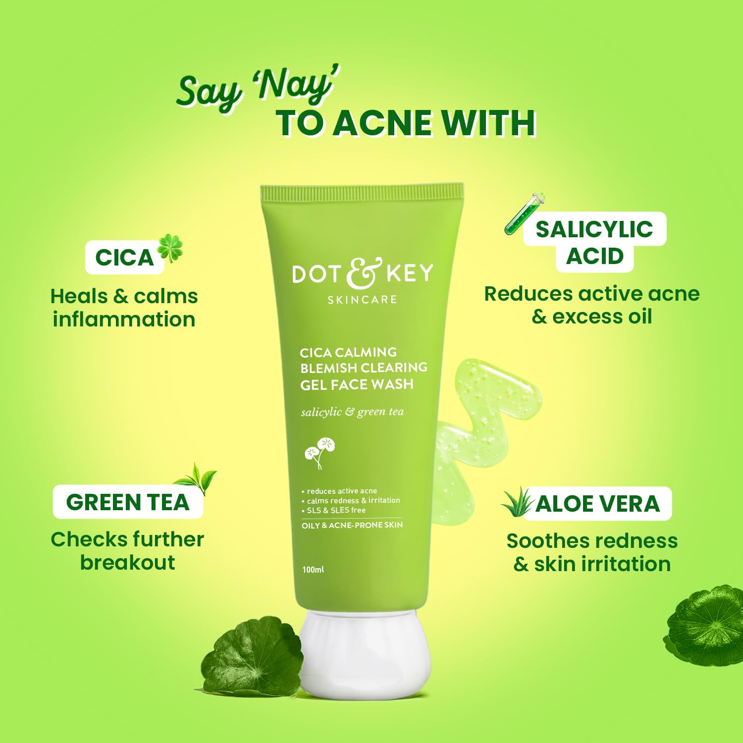 Dot & Key CICA Face Wash for Acne Prone Skin, 2% Salicylic Acid with Green Tea | For Oily & Sensitive Skin | Sulphate Free for Men & Women | Oil Control Face Wash with Zinc | 100ml