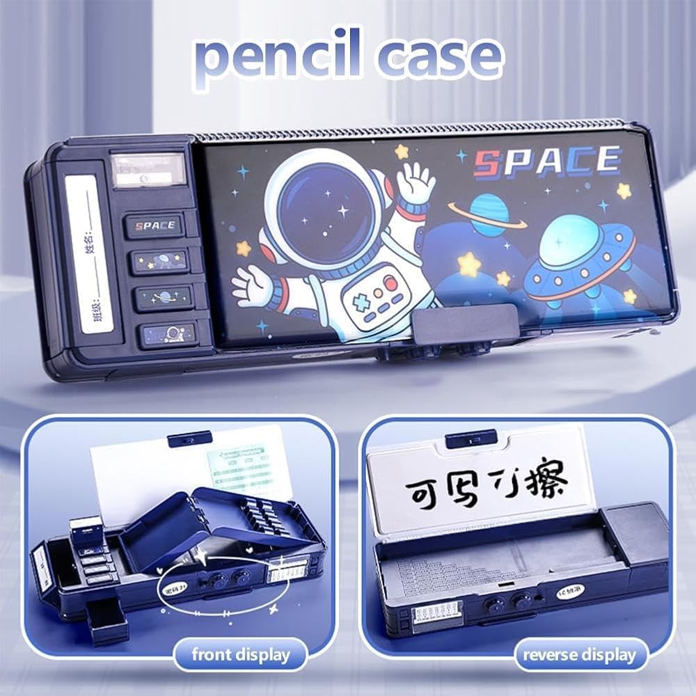 Plastic Multifunctional Space Password Lock Double Sided Compass Box For Kids, Pencil Box For Boy & Girl, Aesthetic, Space Astronaut Theme Pencil Case Return Gifts For Kids, Blue