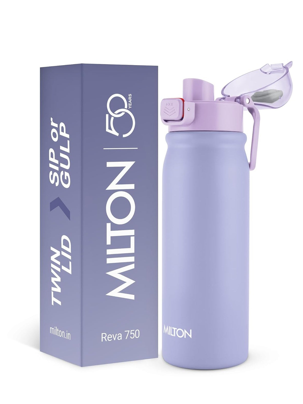 MILTON Reva 750  Stainless Steel Water Bottle with Twin Lid Sip or Gulp, 750ml | Single Wall, BPA-Free, Leakproof | Ideal for Home, Office, Gym & Travel, Purple